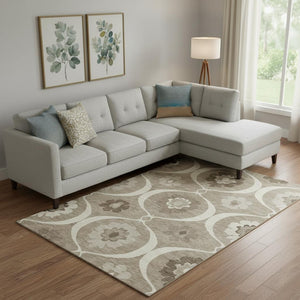 HomeRoots 10' X 14' Taupe Ivory Beige Medallion Area Rug - Washable, UV Protected, Stain Resistant, Durable Design 668089