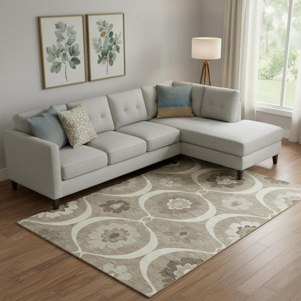 HomeRoots 10' X 14' Taupe Ivory Beige Medallion Area Rug - Washable, UV Protected, Stain Resistant, Durable Design 668089