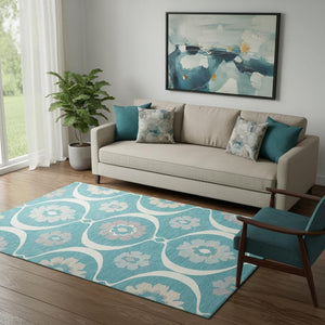 HomeRoots 5' X 8' Stylish Teal, Ivory, and Gray Medallion Area Rug – Washable, UV Protected, Kid & Pet Friendly! 668091