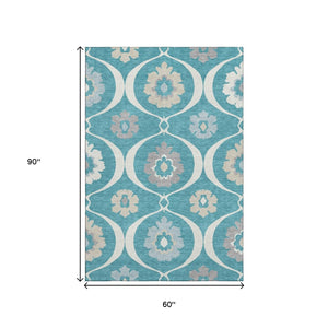 HomeRoots 5' X 8' Stylish Teal, Ivory, and Gray Medallion Area Rug – Washable, UV Protected, Kid & Pet Friendly! 668091