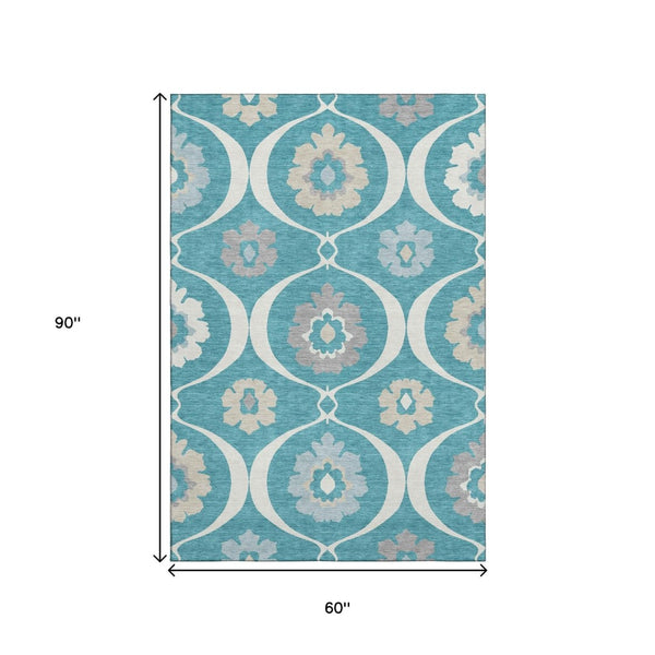 HomeRoots 5' X 8' Stylish Teal, Ivory, and Gray Medallion Area Rug – Washable, UV Protected, Kid & Pet Friendly! 668091