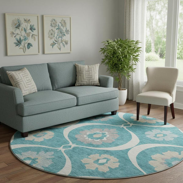 HomeRoots 8' Teal Ivory and Gray Medallion Round Rug - Washable, UV Protected, Stylish & Durable for Homes 668092