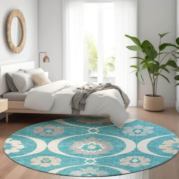 HomeRoots 8' Teal Ivory and Gray Medallion Round Rug - Washable, UV Protected, Stylish & Durable for Homes 668092