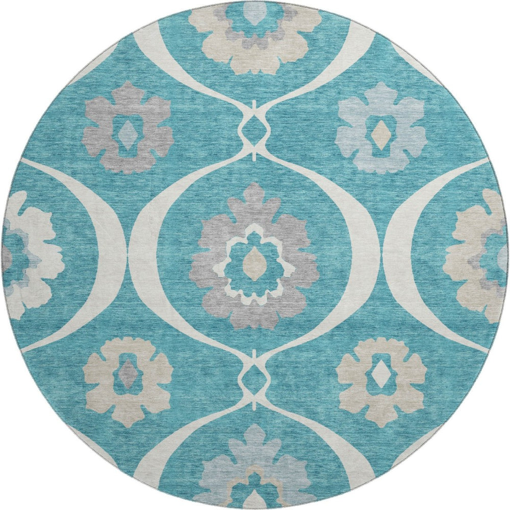 HomeRoots 8' Teal Ivory and Gray Medallion Round Rug - Washable, UV Protected, Stylish & Durable for Homes 668092