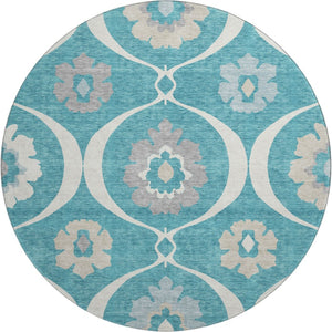 HomeRoots 8' Teal Ivory and Gray Medallion Round Rug - Washable, UV Protected, Stylish & Durable for Homes 668092