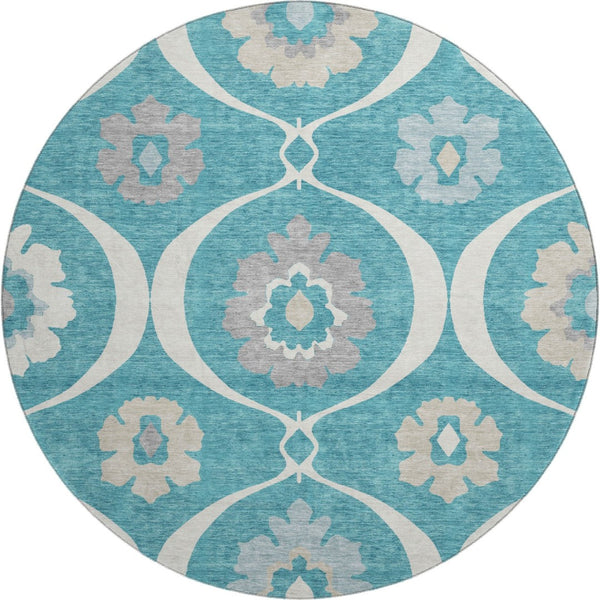 HomeRoots 8' Teal Ivory and Gray Medallion Round Rug - Washable, UV Protected, Stylish & Durable for Homes 668092