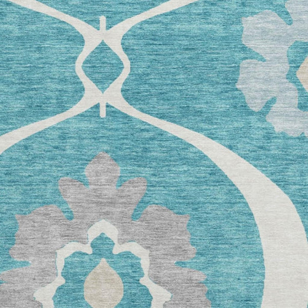 HomeRoots 8' Teal Ivory and Gray Medallion Round Rug - Washable, UV Protected, Stylish & Durable for Homes 668092