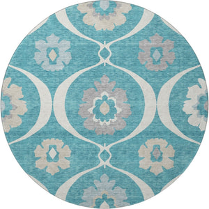 HomeRoots 8' Teal Ivory and Gray Medallion Round Rug - Washable, UV Protected, Stylish & Durable for Homes 668092