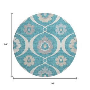 HomeRoots 8' Teal Ivory and Gray Medallion Round Rug - Washable, UV Protected, Stylish & Durable for Homes 668092