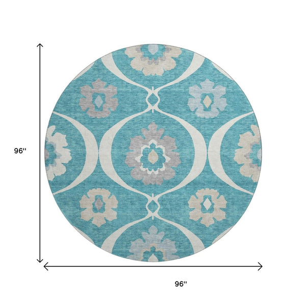 HomeRoots 8' Teal Ivory and Gray Medallion Round Rug - Washable, UV Protected, Stylish & Durable for Homes 668092