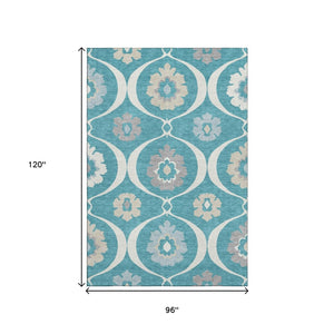 HomeRoots 8' X 10' Washable Teal, Ivory & Gray Medallion Area Rug with UV Protection for Durable Style 668093