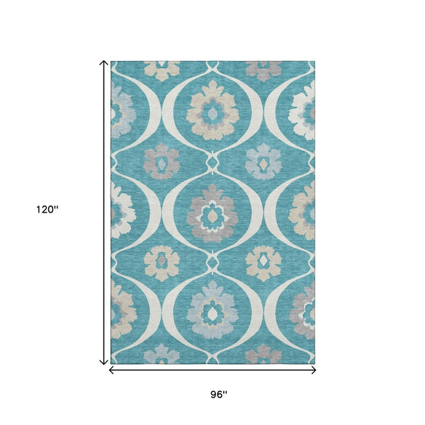 HomeRoots 8' X 10' Washable Teal, Ivory & Gray Medallion Area Rug with UV Protection for Durable Style 668093