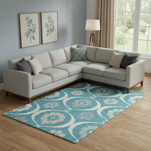 HomeRoots 8' X 10' Washable Teal, Ivory & Gray Medallion Area Rug with UV Protection for Durable Style 668093