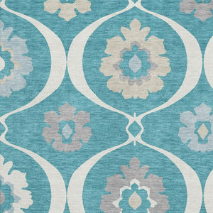 HomeRoots 8' X 10' Washable Teal, Ivory & Gray Medallion Area Rug with UV Protection for Durable Style 668093