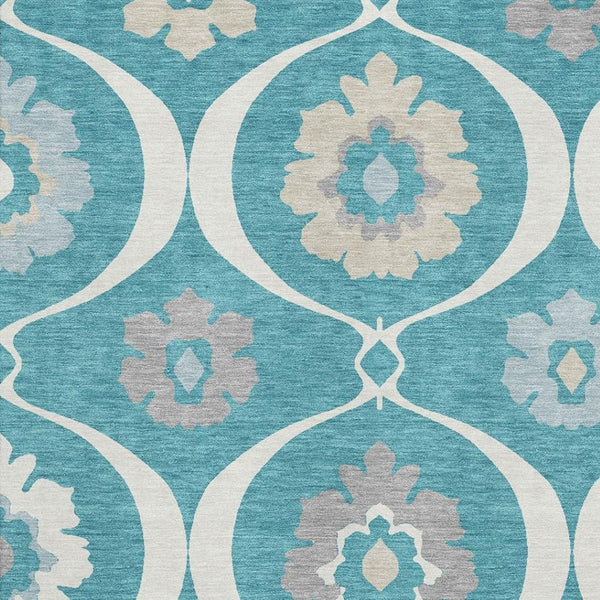 HomeRoots 8' X 10' Washable Teal, Ivory & Gray Medallion Area Rug with UV Protection for Durable Style 668093