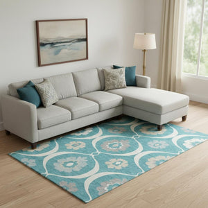 HomeRoots 9' X 12' Stunning Teal Ivory Gray Medallion Washable Area Rug with UV Protection for Busy Homes 668094