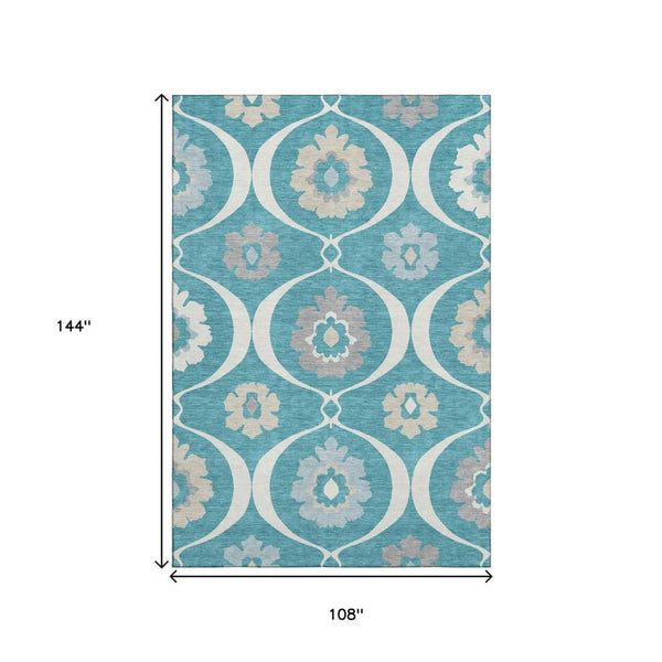 HomeRoots 9' X 12' Stunning Teal Ivory Gray Medallion Washable Area Rug with UV Protection for Busy Homes 668094