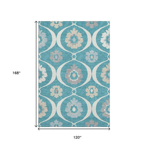 HomeRoots 10' Transitional Medallion Area Rug in Teal, Ivory & Gray - Washable, UV-Resistant, Durable Design 668095