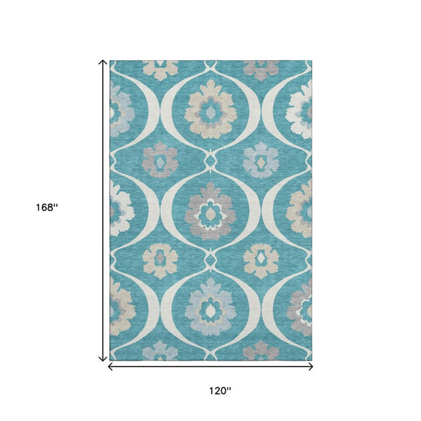 HomeRoots 10' Transitional Medallion Area Rug in Teal, Ivory & Gray - Washable, UV-Resistant, Durable Design 668095