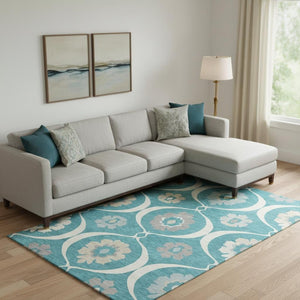 HomeRoots 10' Transitional Medallion Area Rug in Teal, Ivory & Gray - Washable, UV-Resistant, Durable Design 668095
