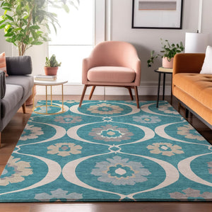 HomeRoots 10' Transitional Medallion Area Rug in Teal, Ivory & Gray - Washable, UV-Resistant, Durable Design 668095