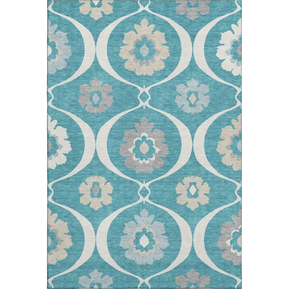 HomeRoots 10' Transitional Medallion Area Rug in Teal, Ivory & Gray - Washable, UV-Resistant, Durable Design 668095