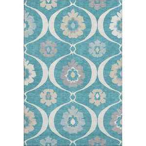 HomeRoots 10' Transitional Medallion Area Rug in Teal, Ivory & Gray - Washable, UV-Resistant, Durable Design 668095