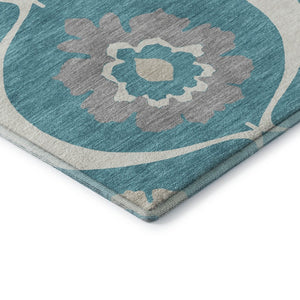 HomeRoots 10' Transitional Medallion Area Rug in Teal, Ivory & Gray - Washable, UV-Resistant, Durable Design 668095