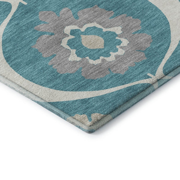 HomeRoots 10' Transitional Medallion Area Rug in Teal, Ivory & Gray - Washable, UV-Resistant, Durable Design 668095