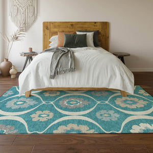 HomeRoots 10' Transitional Medallion Area Rug in Teal, Ivory & Gray - Washable, UV-Resistant, Durable Design 668095