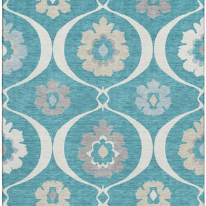 HomeRoots 10' Transitional Medallion Area Rug in Teal, Ivory & Gray - Washable, UV-Resistant, Durable Design 668095