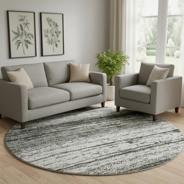 HomeRoots 8' Black And Ivory Striped Washable Round Rug - Durable, UV-Protected, Stain-Resistant for Any Space! 668098