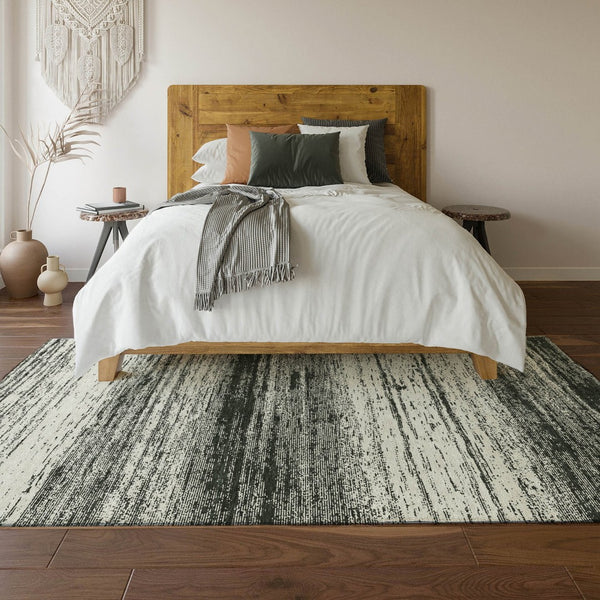 HomeRoots 8' X 10' Striped Washable Area Rug - Durable Black & Ivory Design with UV Protection for Homes 668099