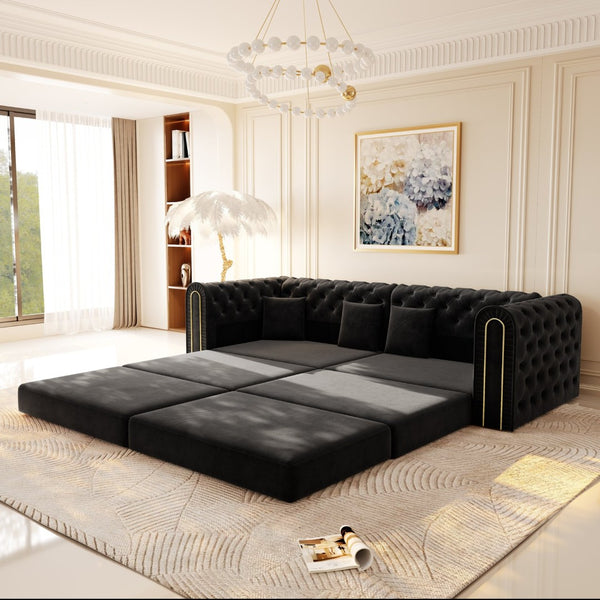 English Elm 90.2" Plush Teddy Fabric Convertible Sleeper Sofa with Hidden Storage for Living Room Black W1885S00243