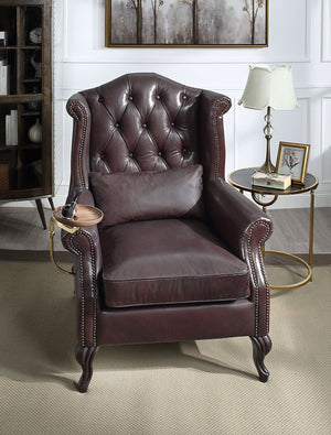 English Elm Pino Vintage Brown Top Grain Leather Accent Chair with Buttoned Camelback, Nail-Head Trim, Toss Pillow B2726P242448