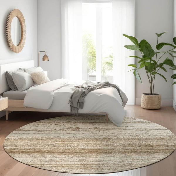 HomeRoots 8' Brown and Beige Striped Washable Round Rug – Durable, UV Protected, Perfect for Kids and Pets! 668104
