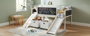 English Elm Twin Kids Loft Bed Solid Pine Frame with Slide Chalkboard and Climbing Rope Play Zone White N708P340493K