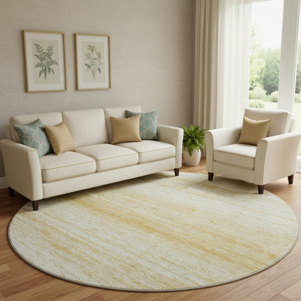 HomeRoots 8' Gold and Ivory Striped Round Rug - Washable, UV Protected, Durable, and Perfect for High-Traffic Areas 668116
