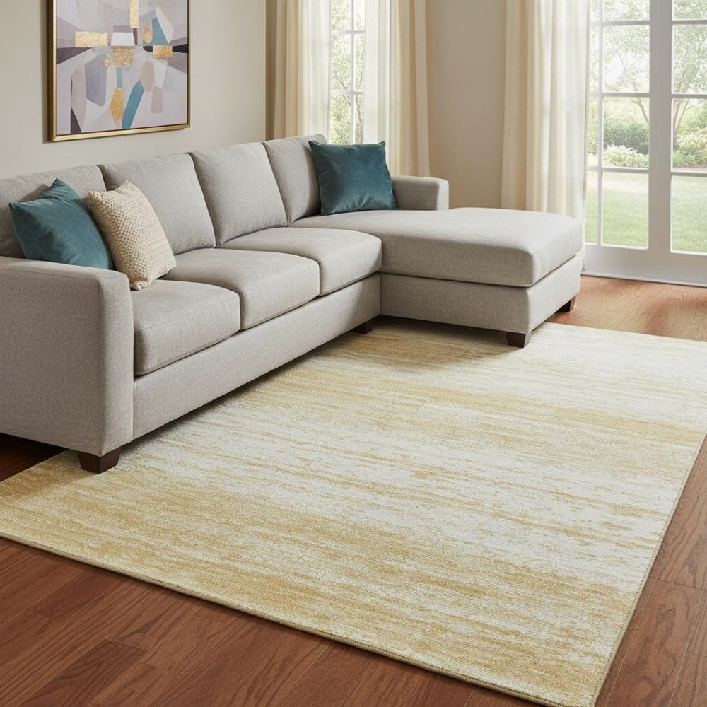 HomeRoots 9' X 12' Gold And Ivory Striped Washable Area Rug - Stylish, Durable, UV-Protected for Everyday Living 668118