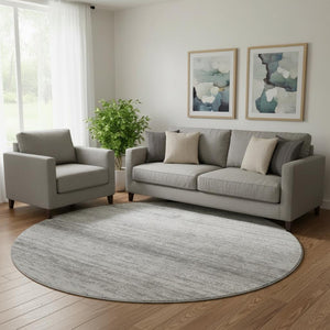 HomeRoots 8' Gray and Silver Striped Washable Round Rug - UV Resistant, Soft, Durable, Perfect for Any Space! 668122