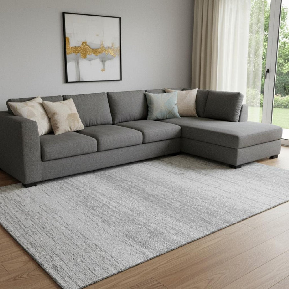 HomeRoots 9' X 12' Gray And Silver Striped Area Rug - Stylish, Washable, UV-Protected for High-Traffic Spaces 668124