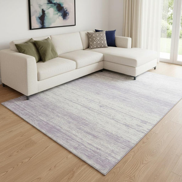 HomeRoots 9' X 12' Stylish Lavender & Ivory Striped Washable Area Rug with UV Protection for Modern Homes 668141