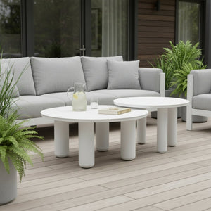 HomeRoots 34" White Rounded Aluminum Outdoor Coffee Table - Elegant, Durable, and Perfect for Patios & Gardens 668144