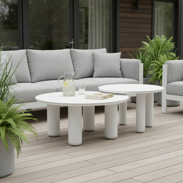 HomeRoots 34" White Rounded Aluminum Outdoor Coffee Table - Elegant, Durable, and Perfect for Patios & Gardens 668144