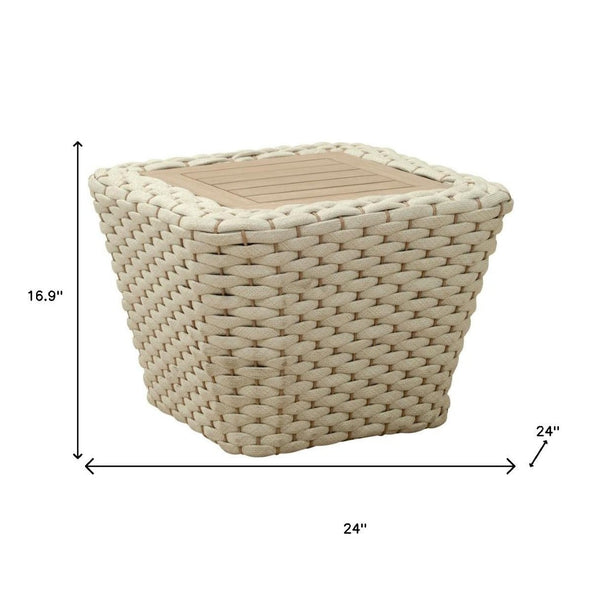 HomeRoots 24" Stylish Natural & White Solid Wood Outdoor Coffee Table with Wicker Accents for Versatile Use 668156