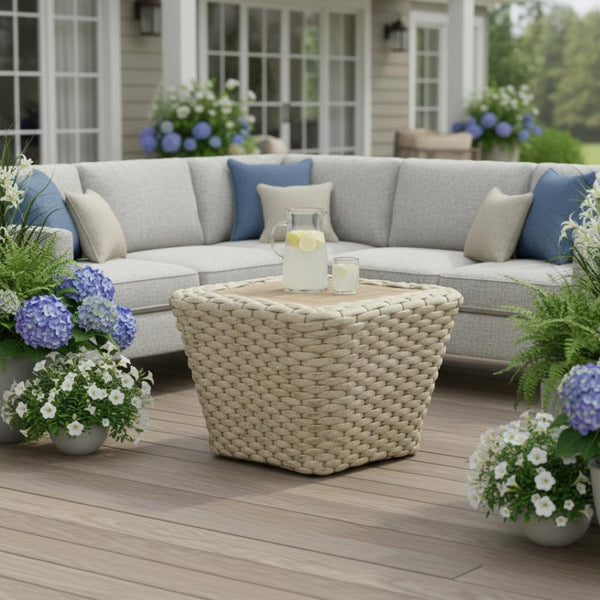 HomeRoots 24" Stylish Natural & White Solid Wood Outdoor Coffee Table with Wicker Accents for Versatile Use 668156