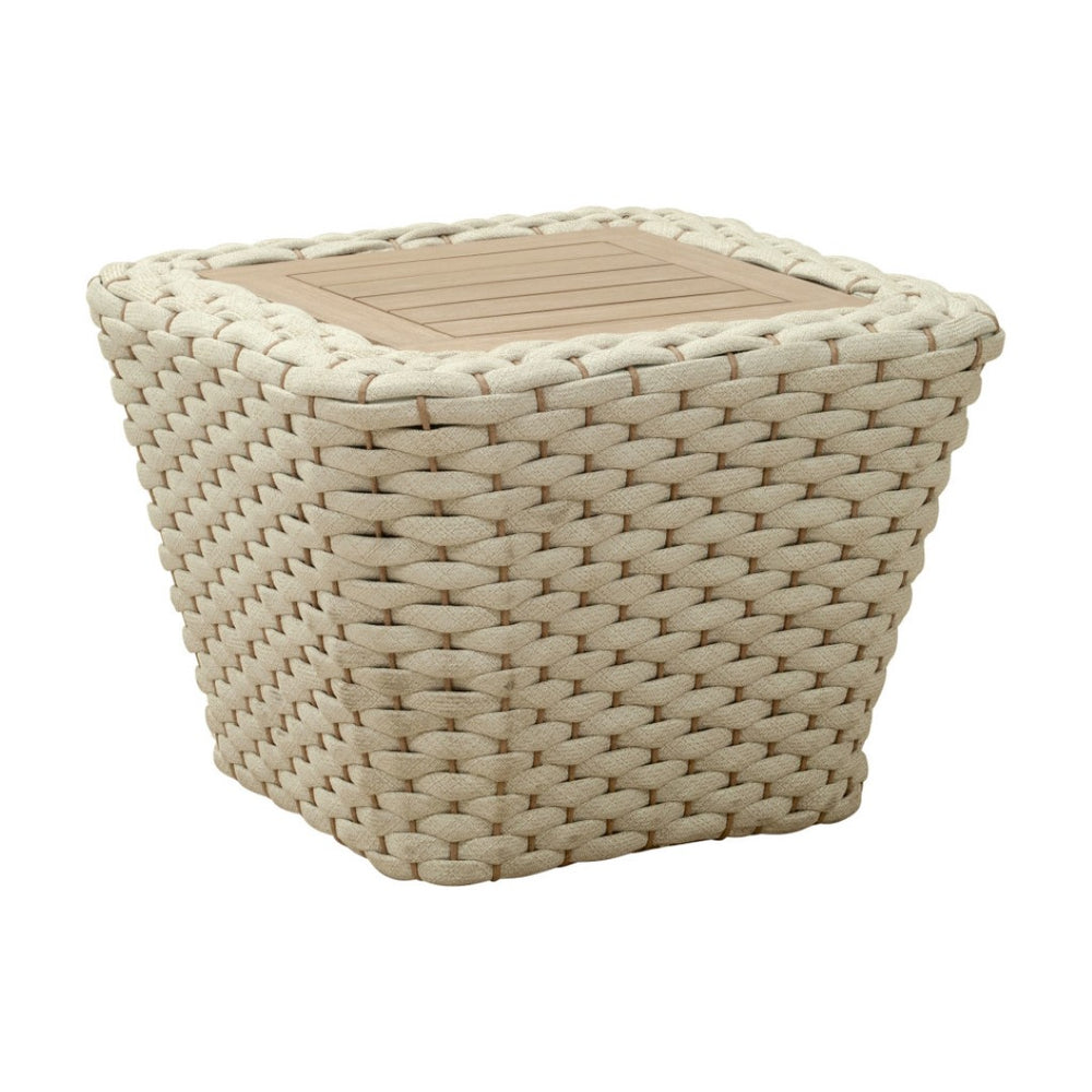 HomeRoots 24" Stylish Natural & White Solid Wood Outdoor Coffee Table with Wicker Accents for Versatile Use 668156