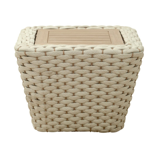 HomeRoots 24" Stylish Natural & White Solid Wood Outdoor Coffee Table with Wicker Accents for Versatile Use 668156