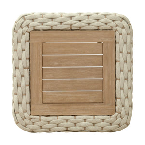 HomeRoots 24" Stylish Natural & White Solid Wood Outdoor Coffee Table with Wicker Accents for Versatile Use 668156