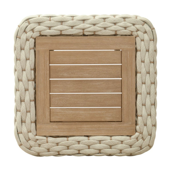 HomeRoots 24" Stylish Natural & White Solid Wood Outdoor Coffee Table with Wicker Accents for Versatile Use 668156